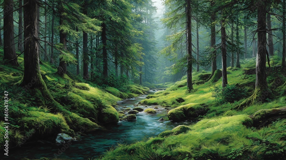 Obraz premium Serene Forest Scene with Mossy Ground and Flowing Stream in Dense Green Woods