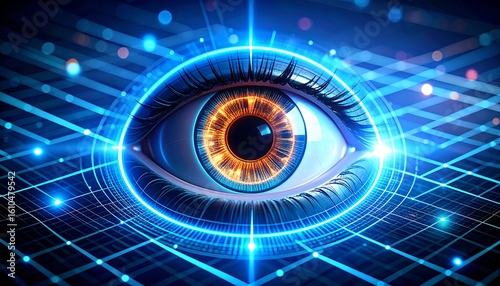 Striking Eye with Glowing Orange Iris on Blue Tech Grid Background