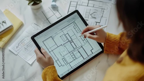 A person sketching architectural plans on a tablet in a modern workspace.