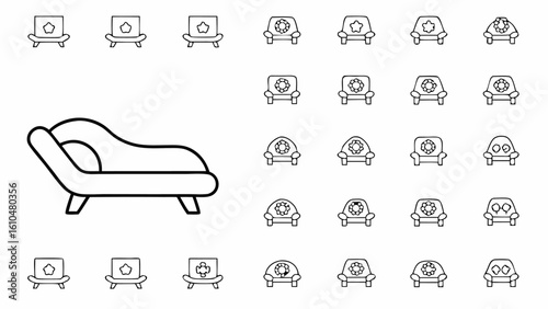 Illustration featuring a chaise lounge and an assortment of various chair icons in outline style