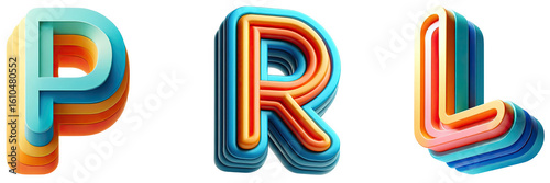 Isolated layered letters spelling prl with a gradient of colors on a black background