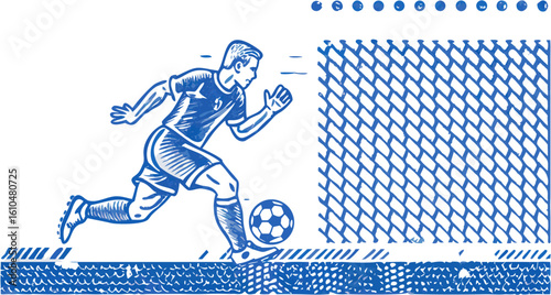 Illustration of a soccer player kicking a ball near a net with blue ink on a white background