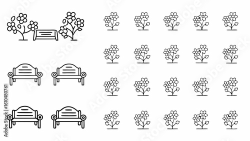 Illustration of benches and flowers in a garden setting with multiple flower arrangements shown