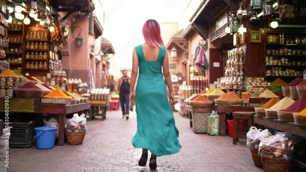 Confident Woman Walking Through Busy Market Street in Hero Shot Style