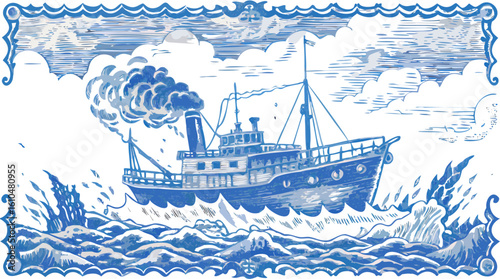 Illustration of a steamboat sailing on a choppy sea with clouds and a decorative border design element