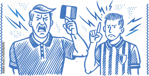 Angry soccer player yelling at referee holding up a red card during a heated match situation scene