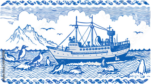 Blue illustration of a ship near icebergs with penguins and birds in the arctic ocean scene art