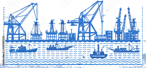 Illustration of a harbor with cranes and ships in blue on a white background in a sketchy style