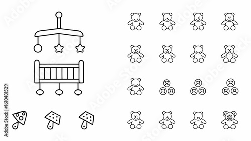 Outlined baby crib with mobile and teddy bears and mushrooms in a simple line drawing style art