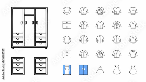 Illustration showing a wardrobe with drawers and various clothing items in a minimalist style