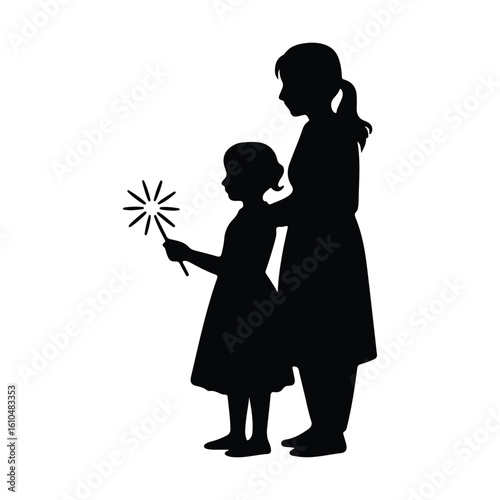 Woman and child silhouette holding sparkler girl