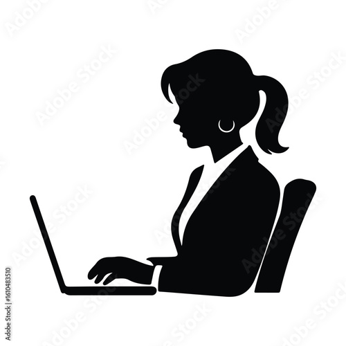 Woman in suit silhouette using laptop at desk computer