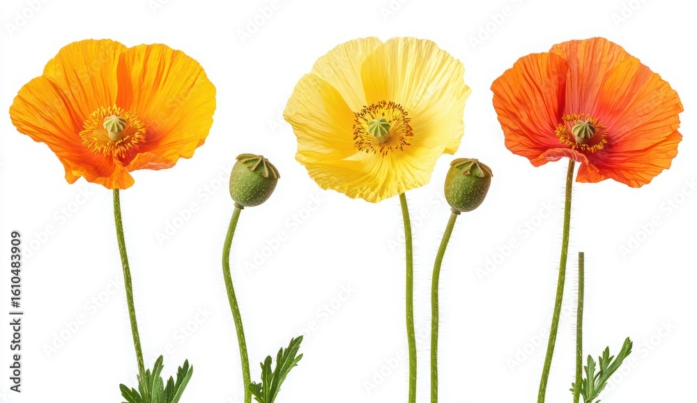 Obraz premium Vibrant Blooming Poppies in Yellow, Orange, and Red with Buds Isolated on White Background