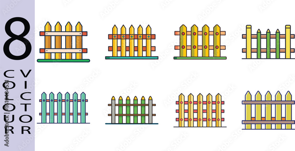 Naklejka premium Eight Colorful Flat-Style Wooden Fence Icons: Rustic, Modern, and Cartoon Designs for Web and App.