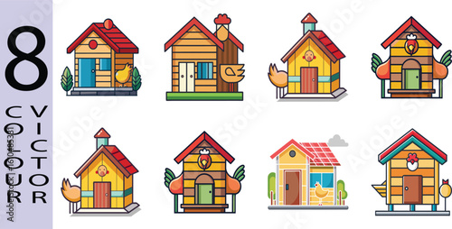 Eight Colorful Vector Illustrations of Charming Chicken Coops: Farm Animal Homes