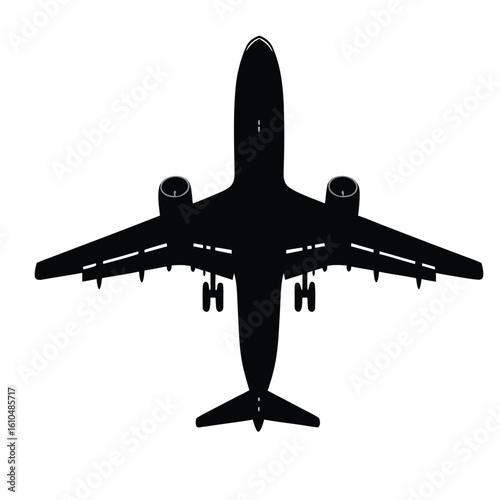 Black silhouette of a commercial airplane with landing gear extended aircraft transport
