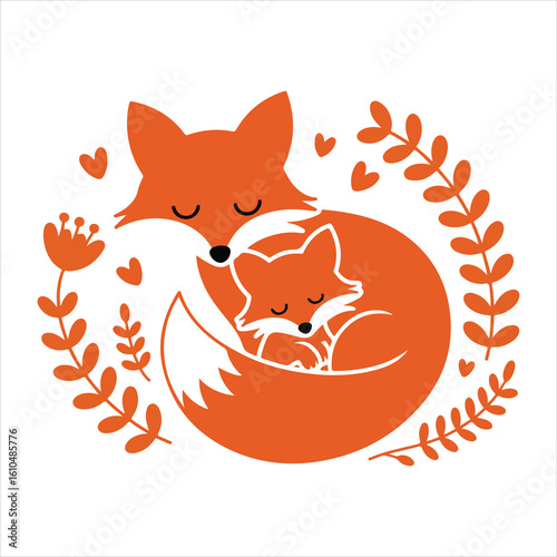 Mother fox lying with her cub in her arms, bouquet of flowers on both sides, silhouette vector colorful art
