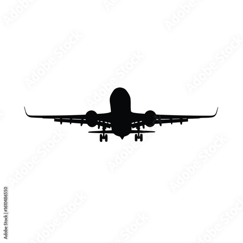 Black silhouette of a jet airplane with landing gear extended aircraft aviation