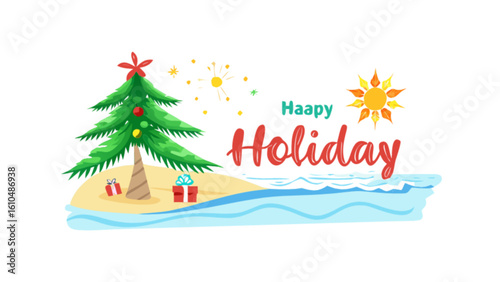 Tropical christmas holiday vacation christmas tree on beach christmas gifts and sun happy holidays design