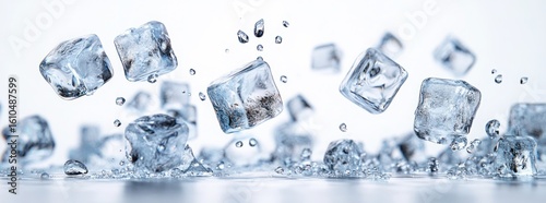 Dynamic Frozen Ice Cubes Falling and Splashing with Water Against a Bright Background