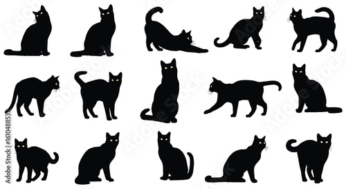 Fifteen Black Cat Silhouettes Collection Adorable Feline Friend Vector Designs for Halloween and Pet Lovers