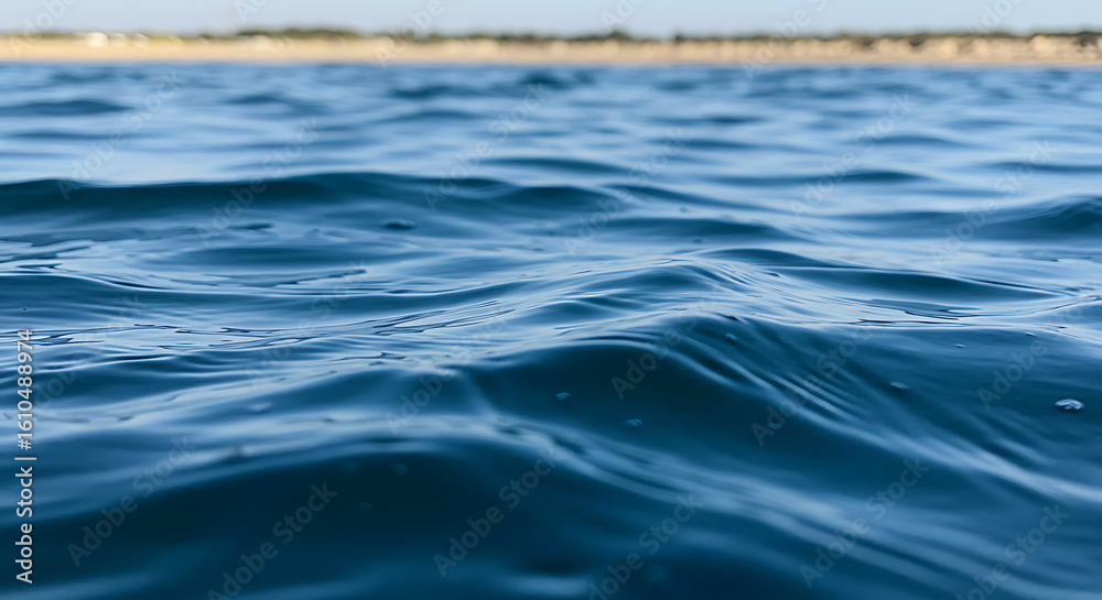 Naklejka premium Calm blue sea water ripples gently with a soft-focus sandy shoreline in the distance.
