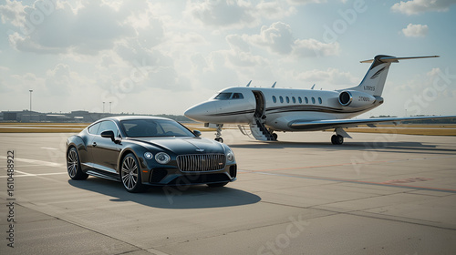 Luxury car and private jet on landing strip. Business class service at the airport.