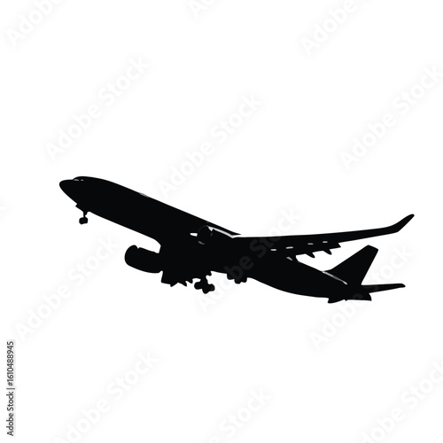 Black silhouette of a passenger jet ascending airplane aircraft