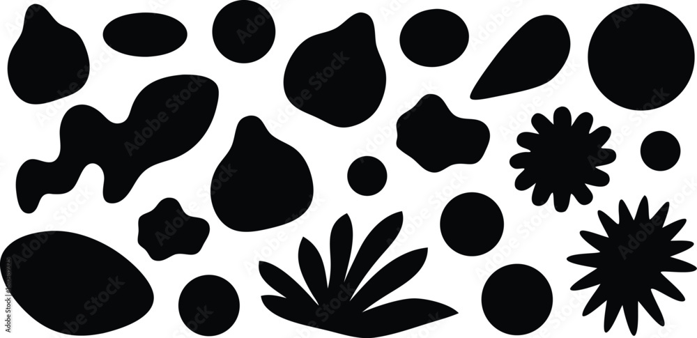 Fototapeta premium Vector art of assortment of black organic and geometric shapes scattered on a white canvas isolated on transparent background.