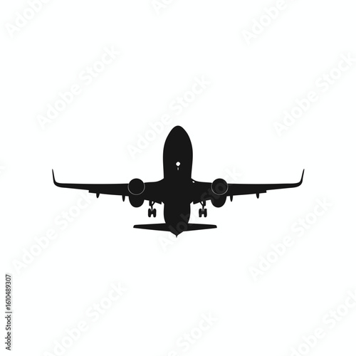 Black silhouette of a passenger jet airplane with landing gear extended aircraft aviation