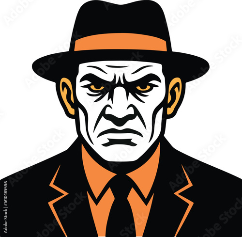 gangster and mafia type hat, Headshot illustration with cigar on black background
