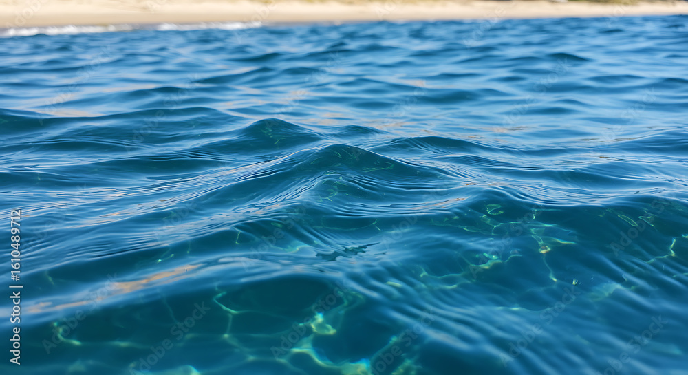 Fototapeta premium Close-up view of clear, blue water with gentle ripples and a distant sandy beach.