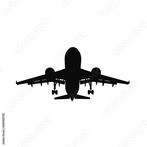 Black silhouette of an airplane with landing gear extended aircraft aviation