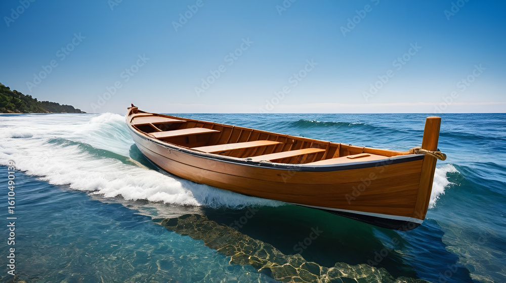 Naklejka premium Wooden boat on waves or and paddle
