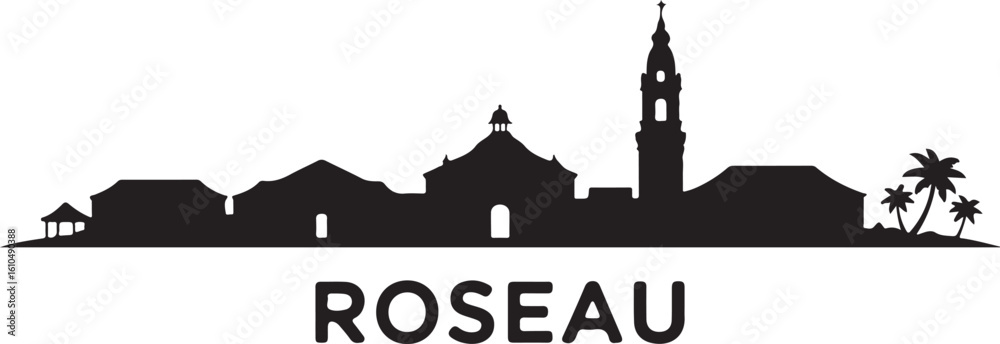Obraz premium Roseau Skyline Silhouette Colonial Rooftops Tropical Landscape Dominica City Vector on White Background