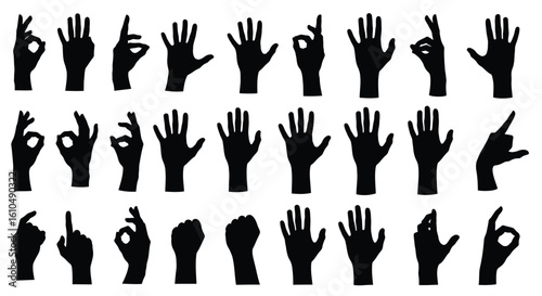 Diverse collection of hand gesture silhouettes depicting communication signals and nonverbal expressions on a white background for graphic design projects