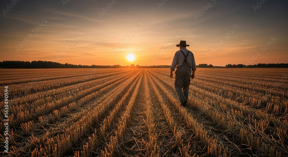 Fototapeta premium Farmer Walking Through Harvested Field at Golden Hour Sunset