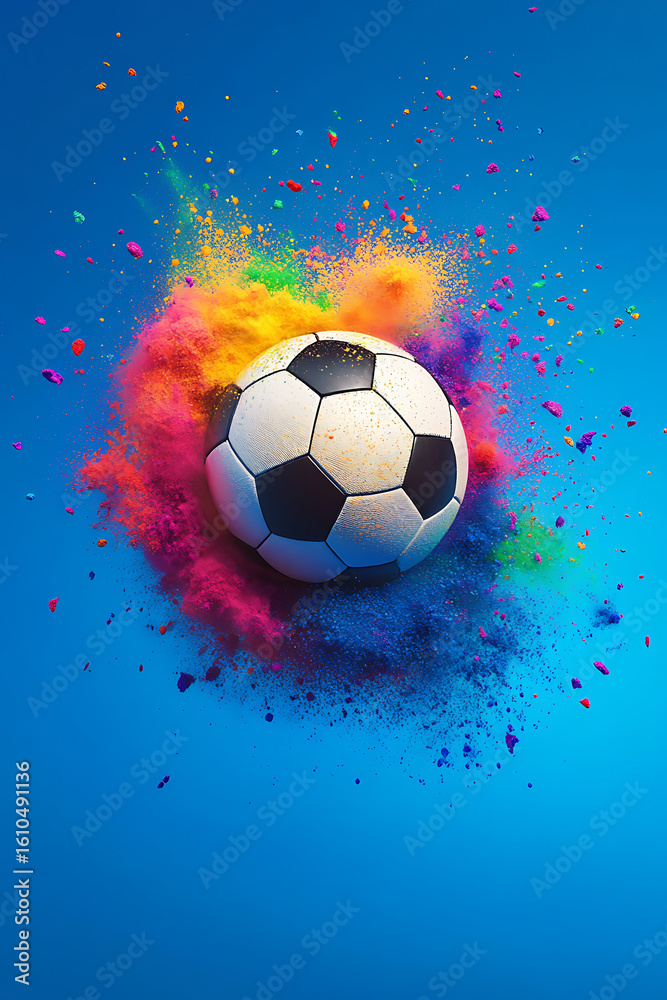 Naklejka premium Colorful explosion of powder surrounding a soccer ball against a blue background, showcasing dynamic motion