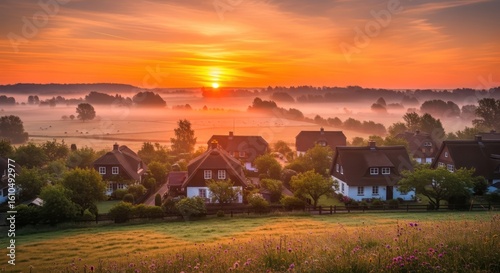Rural village landscape at sunrise with houses and fields