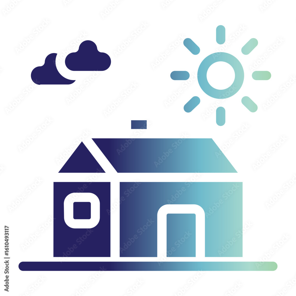 Fototapeta premium Farmhouse and Sun On Flat Gradient Style