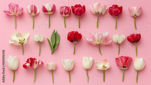 Flat lay of red, pink, and white tulips arranged on a pink background. (1)