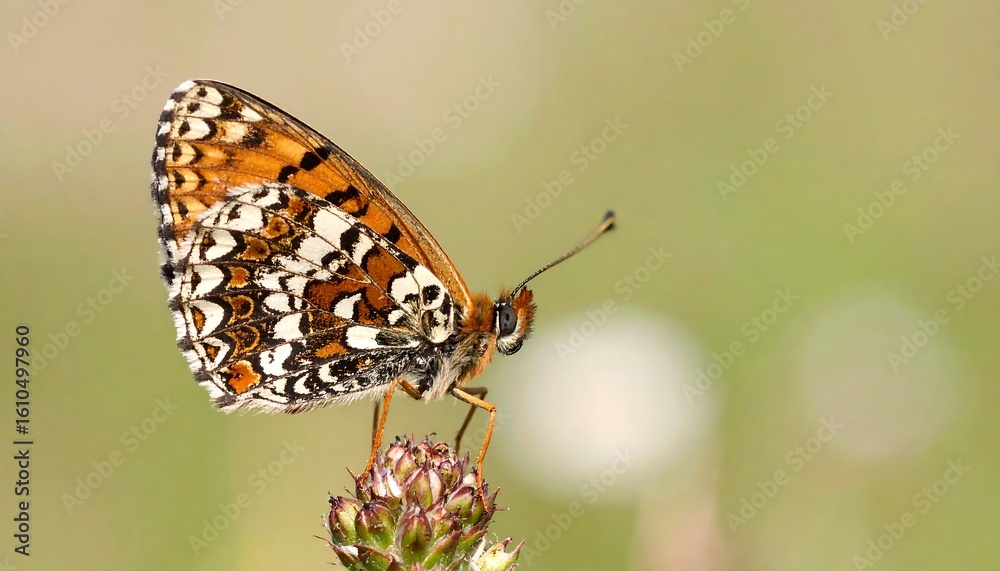 Obraz premium Heath Fritillary Butterfly Perched on a Bud, Close-Up Detailed Wing Pattern and Antennae Displayed