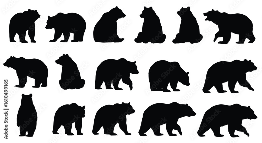 Fototapeta premium Collection of Black Bear Silhouettes in Various Poses on White Background Perfect for Wildlife Projects or Illustration Needs