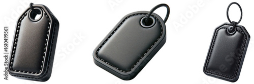 Three black leather tags with stitching and metal grommets on a black background