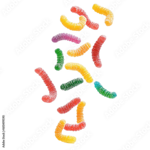 Colorful gummy worms candy assortment falling isolated on transparent background