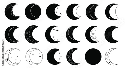 Set of Moon Phases Black and White Vector Illustration Lunar Cycle Depiction Night Sky Celestial Bodies Astronomy Concept