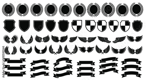 Variety of Black Heraldic Elements Featuring Laurel Wreaths Shields Wings and Banners for Creating a Logo or Crest Design