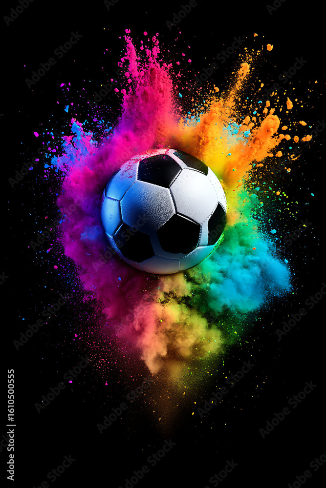 Naklejka premium A vibrant soccer ball bursts through a colorful explosion of powder, showcasing energy and excitement