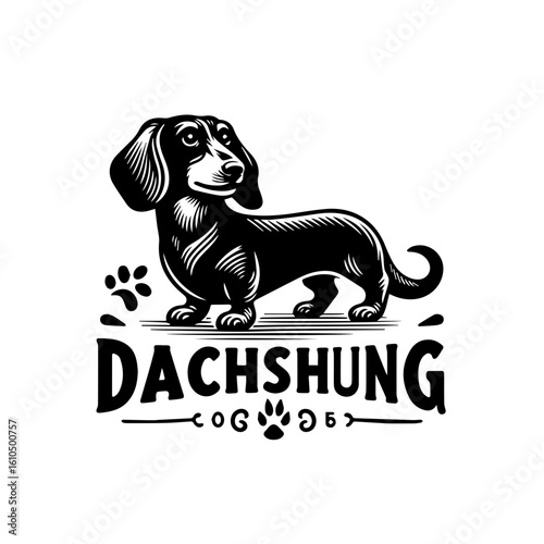 A stylized illustration of a dachshund dog with paw prints and text