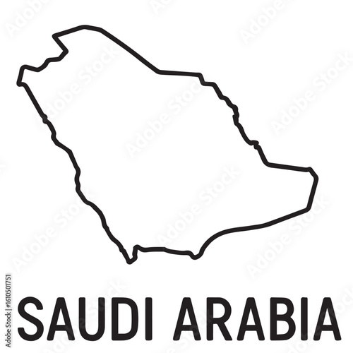 A black and white vector map of Saudi Arabia, with bold black outlines highlighting its borders, desert shape, and geographic structure in a minimalist style.

